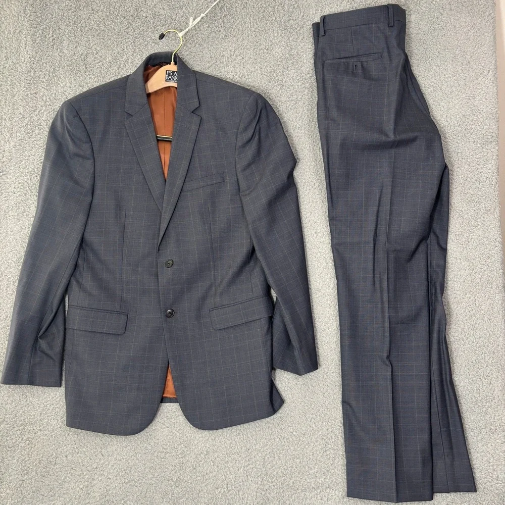 Jos. A. Bank Joseph Mens 40L Slim Fit 2 Piece Suit 100% Wool Blue Plaid 36x32